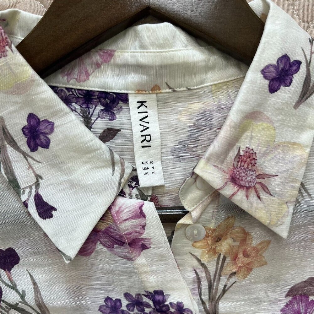 $398 NWOT Kivari Linen blend Shirt Women's Size 6 Blouse Floral Long sleeve - Picture 7 of 10